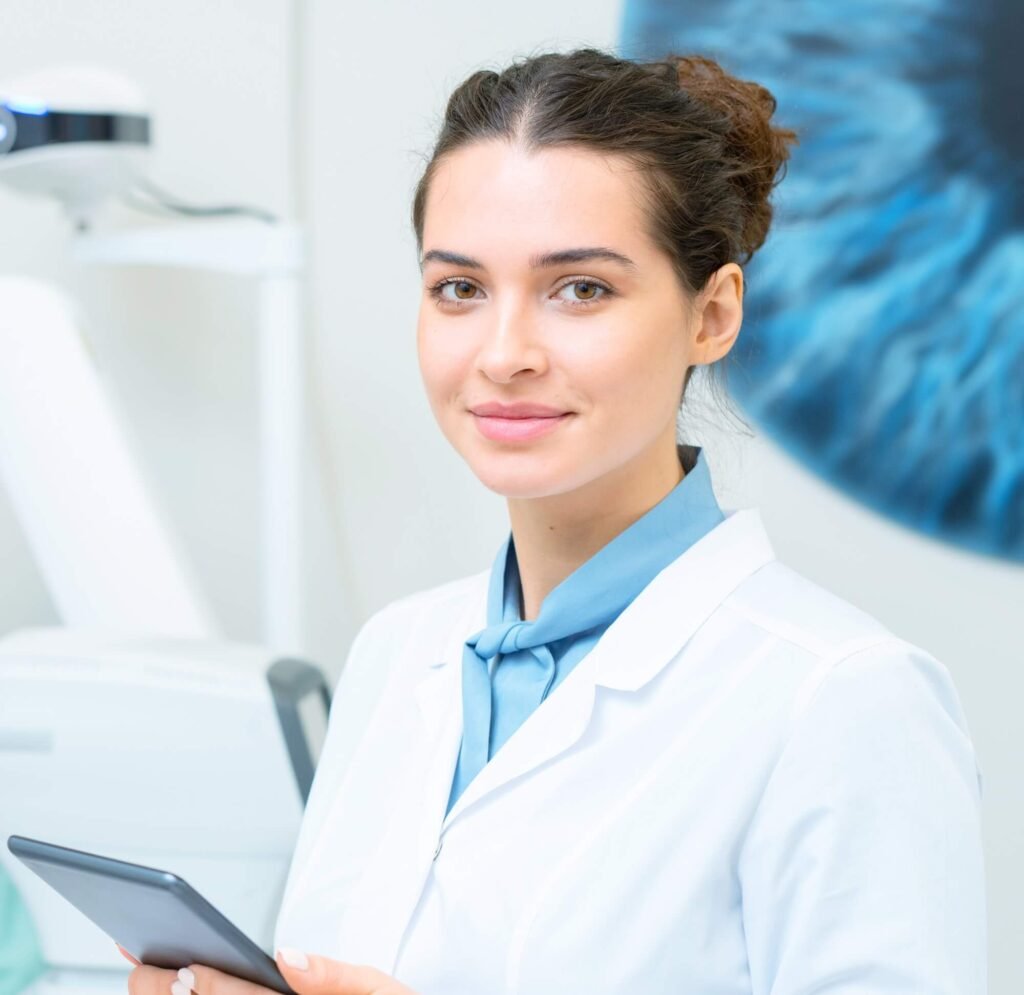 young female ophthalmologist in whitecoat looking 2021 09 24 03 40 45 utc 2